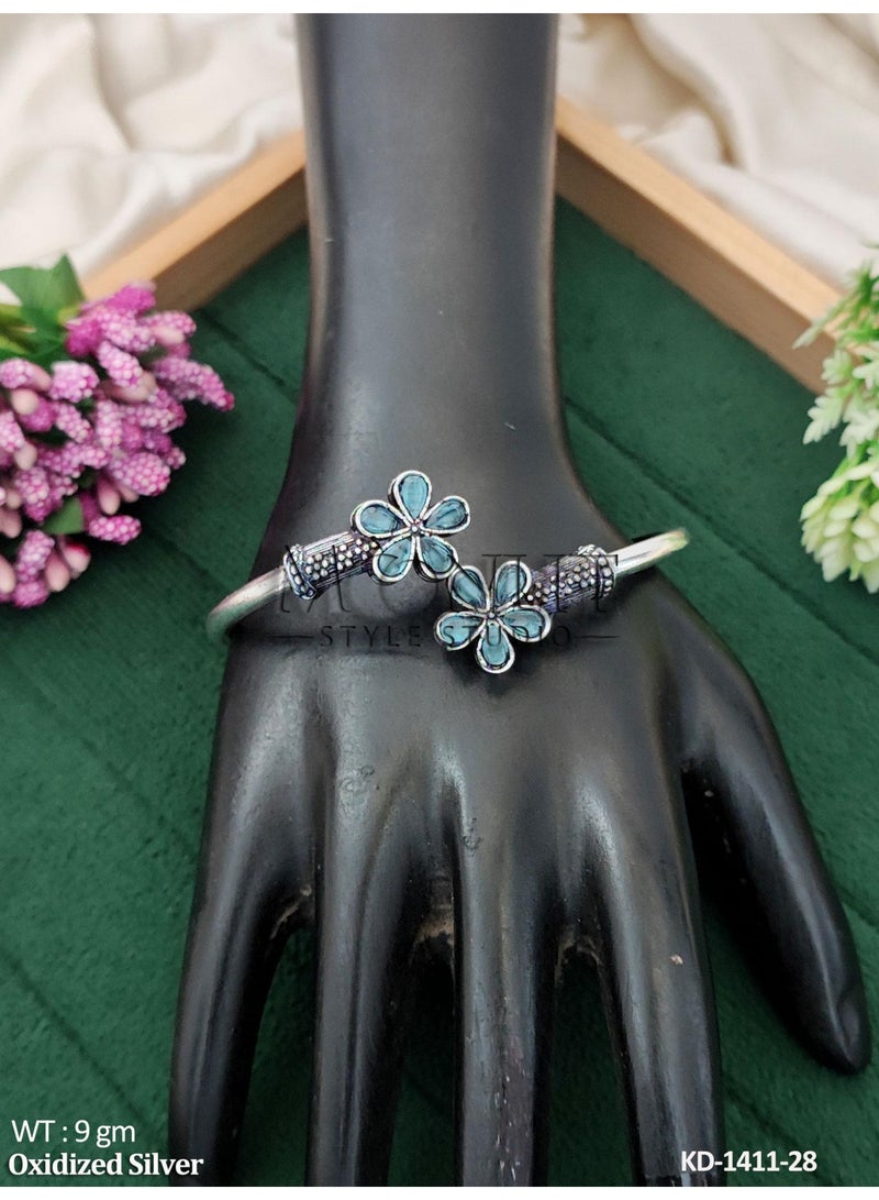 Oxidized Silver Floral Kada - Image 1